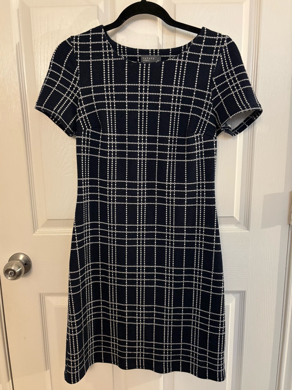 Papaya Navy and White Plaid Short Sleeve Sheath Dress